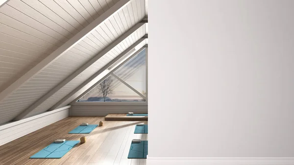 Empty yoga studio, mats, pillows and accessories, meditation room on a foreground wall, interior design architecture idea, concept with copy space, blank background