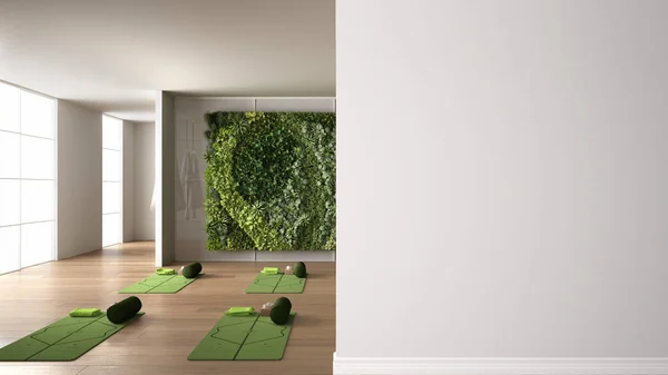 Empty yoga studio, mats, pillows and accessories, meditation room on a foreground wall, interior design architecture idea, concept with copy space, blank background