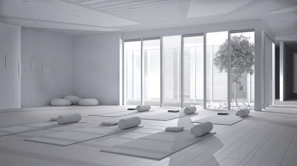 Proyecto blanco total borrador, estudio de yoga vacío diseño interior, esteras, almohadas y accesorios, casa de patio, jardín interior con árbol y guijarros, listo para la práctica de yoga, sala de meditación —  Fotos de Stock