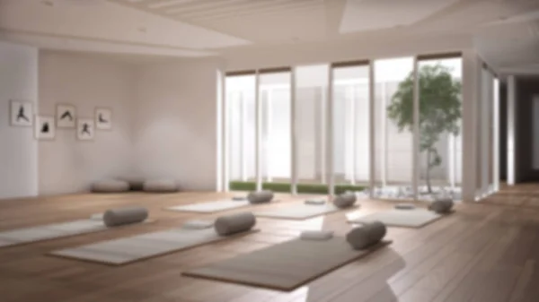 Diseño interior de fondo desenfoque: estudio de yoga vacío, espacio abierto con esteras y accesorios, casa de patio, jardín interior con árbol y guijarros, listo para la práctica de yoga, sala de meditación — Foto de Stock