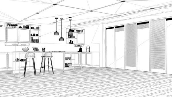 Návrh projektu, minimalistický otevřený prostor v domě na terase, kuchyň s ostrovem a stoličkami, veranda s trávou, mramorové kameny a stromy, parkety a žaluzie, design interiéru — Stock fotografie