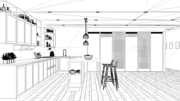 Entwurf für das Projekt, minimalistischer offener Raum im Patio-Haus, Küche mit Insel und Hockern, Veranda mit Gras, Marmorsteinen und Baum, Parkett und Jalousien, Innenarchitektur — Stockfoto