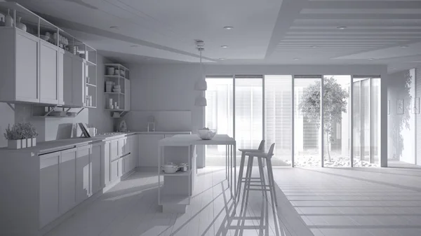 Полный белый проект проекта минималистского открытого пространства в патио, современная кухня с островом и стульями, веранда с травой, паркетные и венецианские жалюзи, идея интерьера — стоковое фото