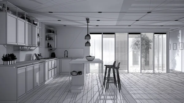 Teras evindeki minimalist açık alan projesi ada ve tabureli modern mutfak, çimenli veranda, parke ve Venedik panjurları, iç tasarım fikri.