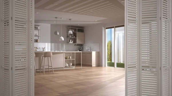 White folding door opening on modern white kitchen with wooden details and parquet floor, white interior design, architect designer concept, blur background