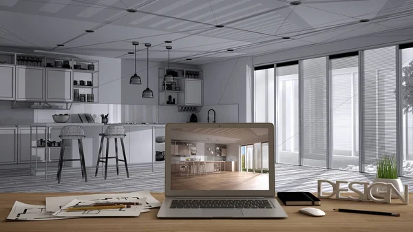 Architekt Designer Desktop-Konzept, Laptop auf Holzarbeitstisch mit Bildschirm, der das Innenarchitekturprojekt zeigt, Blaupause im Hintergrund, moderne weiße Küche mit Holzdetails — Stockfoto