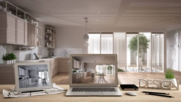 Architekt Projektant koncepcji pulpit, laptopa i tabletu na biurko z drewna z ekranu pokazano projekt wnętrz i Cad szkicu, niewyraźne projekt w tle, nowoczesna kuchnia biały — Zdjęcie stockowe