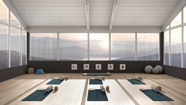 Empty yoga studio interior design architecture, minimal open space, spatial organization with mats, and accessories, ready for yoga practice, panoramic window with lake panorama — Stock Photo, Image