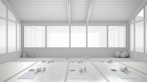 Celkový bílý projekt návrh prázdné architektury interiérového designu jógy studia, minimální otevřený prostor, prostorová organizace s rohožemi a příslušenstvím, připravená na trénink jógy, velké okno — Stock fotografie