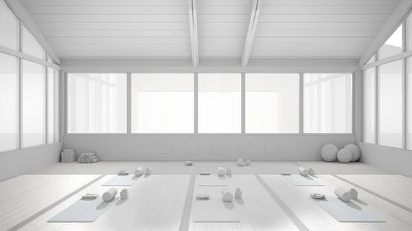 Proyecto blanco total borrador de estudio de yoga vacío arquitectura de diseño de interiores, espacio abierto mínimo, organización espacial con esteras y accesorios, listo para la práctica de yoga, ventana grande — Foto de Stock