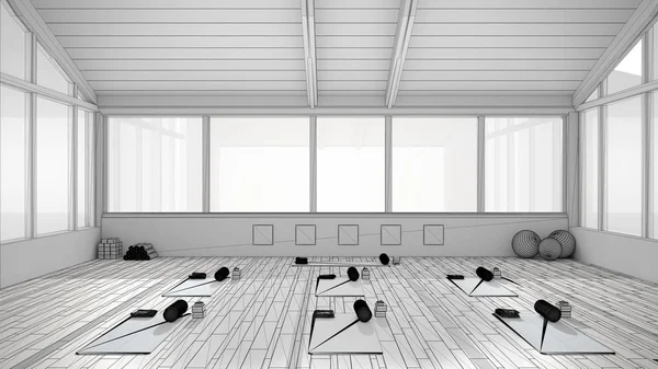 Proyecto inacabado de estudio de yoga vacío arquitectura de diseño de interiores, espacio abierto mínimo, organización espacial con esteras y accesorios, gran ventana panorámica, idea de concepto moderno —  Fotos de Stock