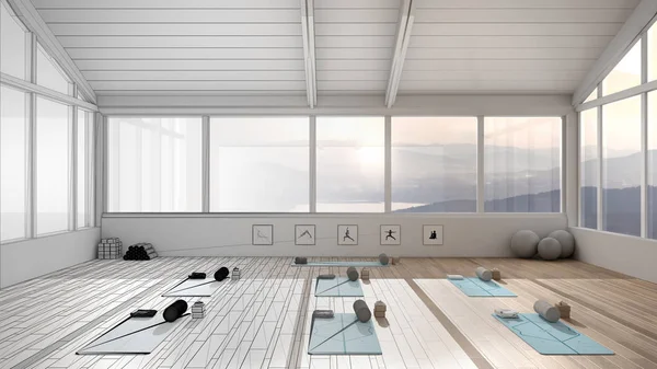 Architect interior designer concept: unfinished project that becomes real, empty yoga studio design, spatial organization with mats and accessories, panoramic window, concept idea — Stock Photo, Image
