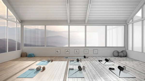 Architect interior designer concept: unfinished project that becomes real, empty yoga studio design, spatial organization with mats and accessories, panoramic window, concept idea — Stock Photo, Image