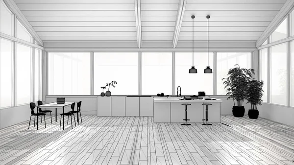 Projeto inacabado de cozinha minimalista moderna com ilha e mesa de jantar com cadeiras, piso em parquet, telhado de madeira e grandes janelas panorâmicas, ideia de conceito de design de interiores — Fotografia de Stock