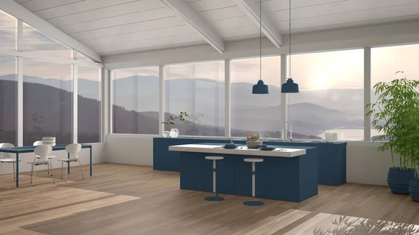 Cuisine moderne minimaliste de couleur bleue avec îlot et table à manger avec chaises, parquet, toit en bois et grandes fenêtres panoramiques avec vue sur la montagne, idée de concept de design d'intérieur — Photo