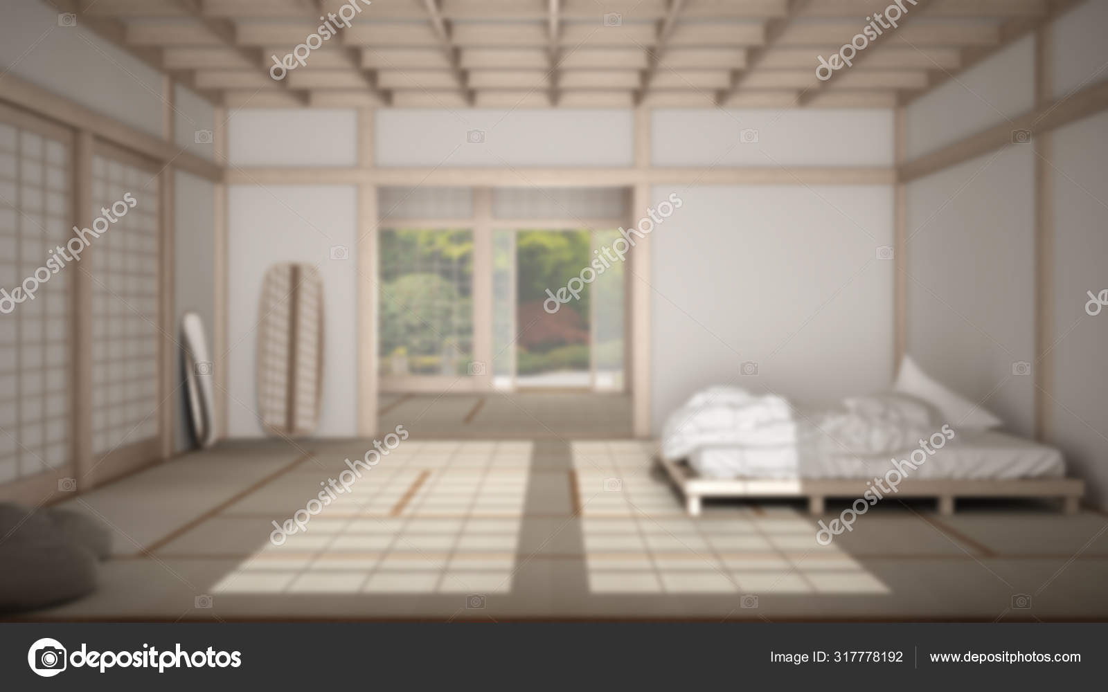 Blur background interior design: zen japanese empty minimalist bedroom, tatami floor, futon, double bed, big window, meditative space, calm, yoga room, suite interior design Stock Photo by ©ArchiVIz 317778192