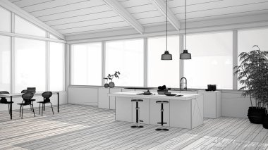 Tamamlanmamış modern minimalist mutfak projesi ada ve sandalyeli yemek masası, parke döşeme, ahşap çatı ve büyük panoramik pencereler, iç tasarım fikri