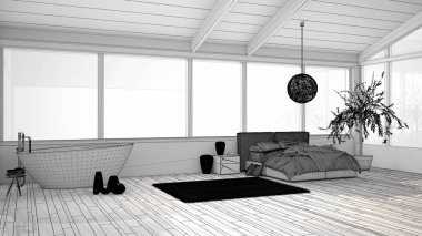 Unfinished project of panoramic luxury bedroom with windows, double bed with duvet, bedside tables, bathtub, olive tree, pendant lamp, modern architecture interior design