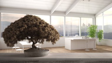 Saksı çiçek bonsai ile Vintage ahşap masa raf, bej yaprakları, çiçekler, panoramik pencere ile modern mutfak üzerinde, modern iç tasarım, zen temiz mimari konsept fikir