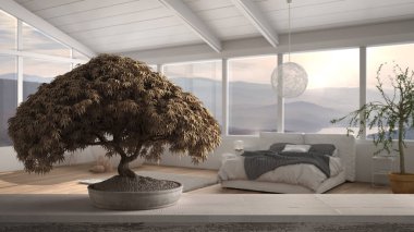 Küvetli minimalist yatak odası, modern iç tasarım, zen temiz mimari konsepti fikri üzerine saksı çiçeği, bej yapraklar, çiçekler ile klasik ahşap masa rafı.