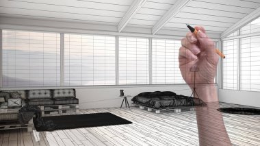 Mimari iç mimar konsepti: alan gerçek, modern beyaz ve tahta yatak odası küvet, çift yatak, banyo küveti ve halı haline gelirken el yapımı iç mimari bir proje