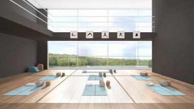 Boş yoga stüdyosu iç mimarisi, minimal açık alan, minderli uzaysal organizasyon, ve aksesuarlar, yoga pratiği için hazır, göl manzaralı panoramik pencere