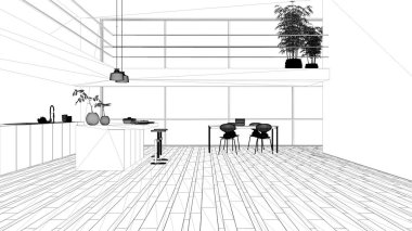 Proje taslağı, adalı minimalist mor renkli mutfak, sandalyeli yemek masası, parke, asma kat, büyük panoramik pencereler, bambu bitkileri, iç tasarım.