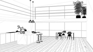 Proje taslağı, adalı minimalist mutfak, sandalyeli yemek masası, parke, asma kat, büyük panoramik pencereler, bambu bitkileri, iç tasarım