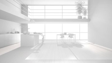 Adalı minimalist mutfağın beyaz proje taslağı, sandalyeli yemek masası, parke, asma kat, büyük panoramik pencereler, bambu bitkileri, iç tasarım