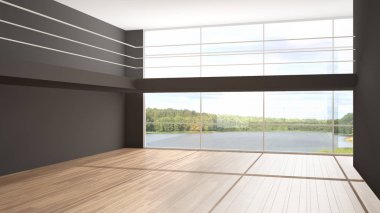 Boş oda iç tasarımı, beyaz duvarları ve parke ahşap zemini olan açık alan, büyük panoramik pencere, asma kat, modern modern mimari, insan yok, fotokopi alanı ile model.
