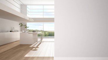 Ada ve tabureler, bir ön plan duvar, iç tasarım mimari fikir, kavram kopya alanı, boş geçmiş ile modern beyaz ve ahşap mutfak