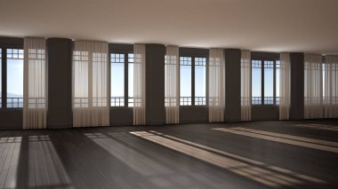 Boş oda iç tasarımı, arka plan kopyalama alanı, perdeleri ve deniz manzaralı büyük panoramik pencereli açık alan, parke, kaplama duvarlar, klasik mimari konsept