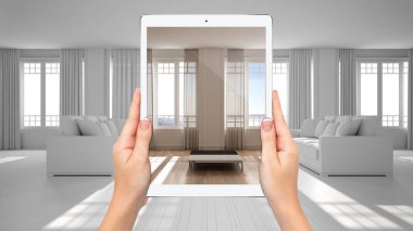 Modern oturma odası, toplam boş proje arka plan, artırılmış gerçeklik konsepti, uygulama mobilya ve iç tasarım ürünleri simüle gösteren el tutma tablet