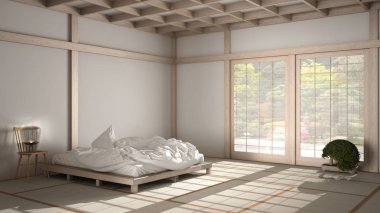 Zen Japon boş minimalist yatak odası, ahşap çatı, tatami zemin, şilte, çift yatak, zen bahçesinin büyük penceresi, meditasyon alanı, huzur, yoga dinlenme odası, süit iç tasarım.
