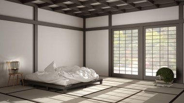 Zen Japon boş minimalist yatak odası, ahşap çatı, tatami zemin, şilte, çift yatak, zen bahçesinin büyük penceresi, meditasyon alanı, huzur, yoga dinlenme odası, süit iç tasarım.