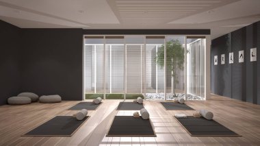 Boş yoga stüdyosu iç tasarımı, paspaslı, yastıklı ve aksesuarlı açık alan, parke, teras, ağaç ve çakıl taşlı iç bahçe, yoga pratiğine hazır, meditasyon odası