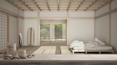 Ahşap masa üstü veya rafta mumlar ve çakıl taşları, zen ruh hali, yoga stüdyosu, minderler ve aksesuarlar, tatami, zen bahçesi panoraması, yoga pratiği, meditasyon odası