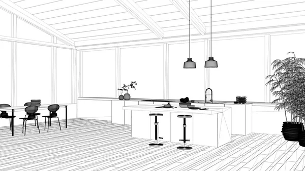 Σχέδιο έργου σχέδιο, σύγχρονη μινιμαλιστική κουζίνα με το νησί και τραπεζαρία με καρέκλες, παρκέ δάπεδο, ξύλινη οροφή και μεγάλα πανοραμικά παράθυρα, ιδέα έννοια του εσωτερικού σχεδιασμού — Φωτογραφία Αρχείου