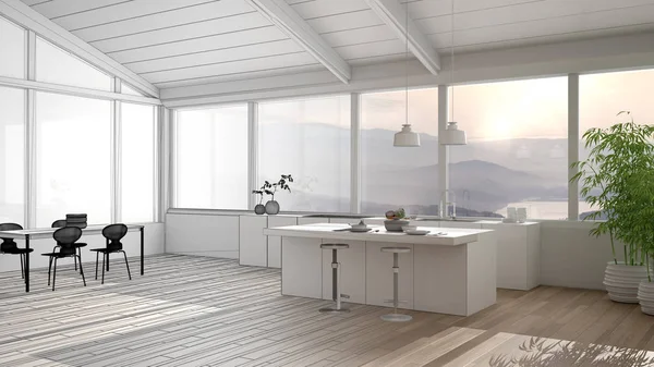 Projekt architektoniczny wnętrz: niedokończony projekt, który staje się prawdziwą, minimalistyczną kuchnią ze stołem i wyspą, parkietem, drewnianym dachem i oknami panoramicznymi, wystrojem wnętrz — Zdjęcie stockowe