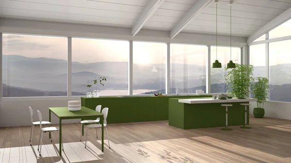 島と椅子、寄木細工、木製の屋根と山の景色を望む大きなパノラマの窓とダイニングテーブル付きのモダンなミニマリストの緑のキッチン、インテリアデザインコンセプトアイデア — ストック写真