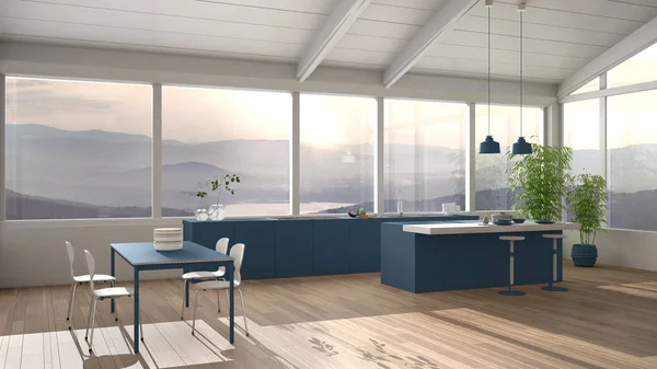 Nowoczesna minimalistyczna kuchnia w kolorze niebieskim z wyspą i stołem jadalnym z krzesłami, parkietem, drewnianym dachem i dużymi oknami panoramicznymi z widokiem na góry, koncepcja wnętrza — Zdjęcie stockowe