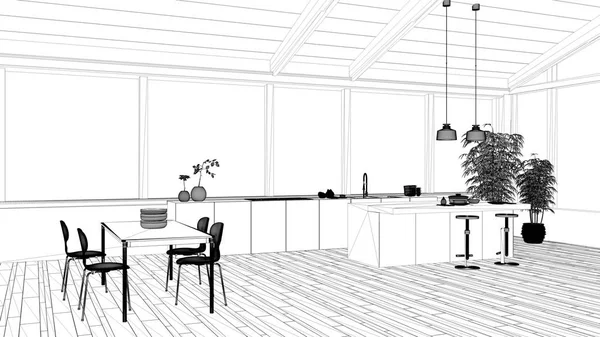 Proje taslağı, adalı modern minimalist mutfak ve sandalyeli yemek masası, parke zemin, ahşap çatı ve büyük panoramik pencereler, iç mimari konsept fikri. — Stok fotoğraf
