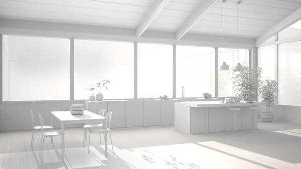 Projekt nowoczesnej minimalistycznej kuchni z krzesłami i stołem, parkietem, drewnianym dachem i dużymi oknami panoramicznymi, koncepcja aranżacji wnętrz — Zdjęcie stockowe