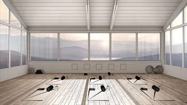 Leeres weißes Interieur mit Parkettboden und Panoramafenster mit Bergen, maßgeschneidertes Architekturdesign-Projekt, schwarze Tuschskizze, Blaupause mit minimalem Yogastudio mit Matten — Stockfoto