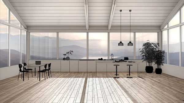 Κενό λευκό εσωτερικό με παρκέ δάπεδο και πανοραμικό παράθυρο με βουνά, custom architecture design project, σκίτσο με μαύρο μελάνι, σχέδιο που δείχνει minimal κουζίνα με νησί — Φωτογραφία Αρχείου