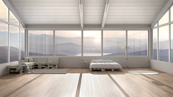 Grande camera da letto panoramica con finestre sulla valle della montagna, letto fai da te realizzato con pallet, divano in legno con cuscini, tappeto in moquette, lampada da terra scandinava, architettura moderna interior design — Foto Stock