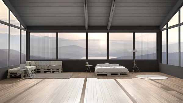 Grande camera da letto panoramica con finestre sulla valle della montagna, letto fai da te realizzato con pallet, divano in legno con cuscini, tappeto in moquette, lampada da terra scandinava, architettura moderna interior design — Foto Stock