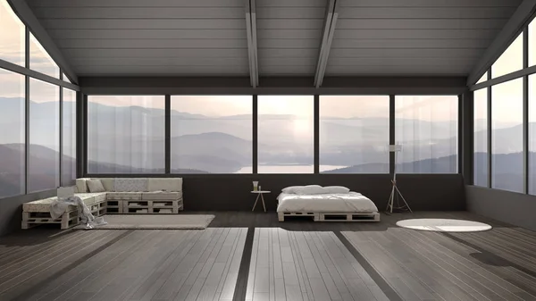 山の谷に窓のある大きなパノラマの寝室、パレットで作られたベッドルーム、枕、カーペットラグ、スカンディナヴィアの床ランプ、モダンな建築インテリアデザインの木製ソファ — ストック写真