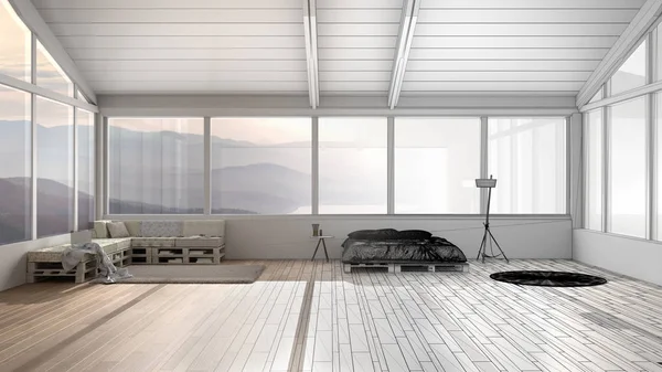 Концепция архитектора интерьера: незавершенный проект, который становится реальным, панорамная спальня с окнами на горы, диван с подушками, дизайн интерьера — стоковое фото
