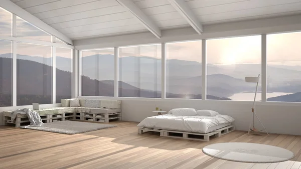 Big panoramic bedroom with windows on mountain valley, diy bed made with pallet, wooden sofa with pillows, carpet rug, scandinavian floor lamp, modern architecture interior design